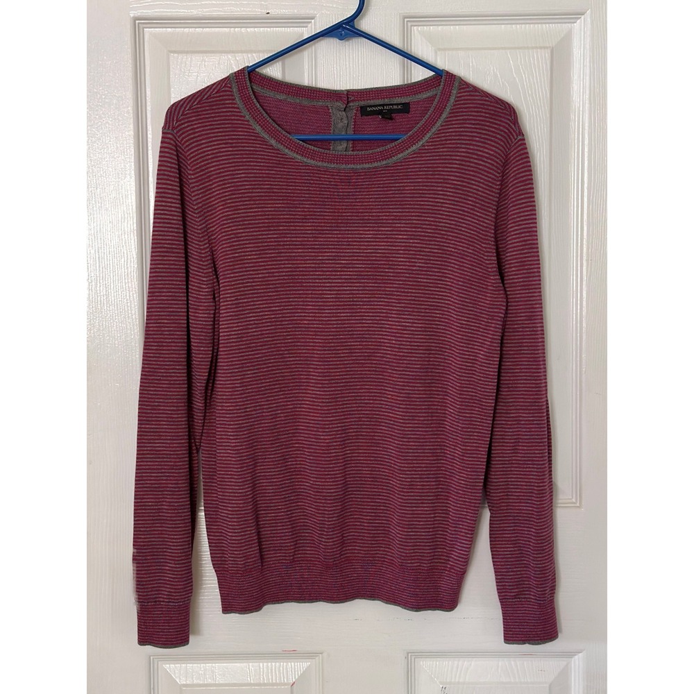 Banana Republic Pink Grey Striped Back Button Crew Neck Sweater Medium